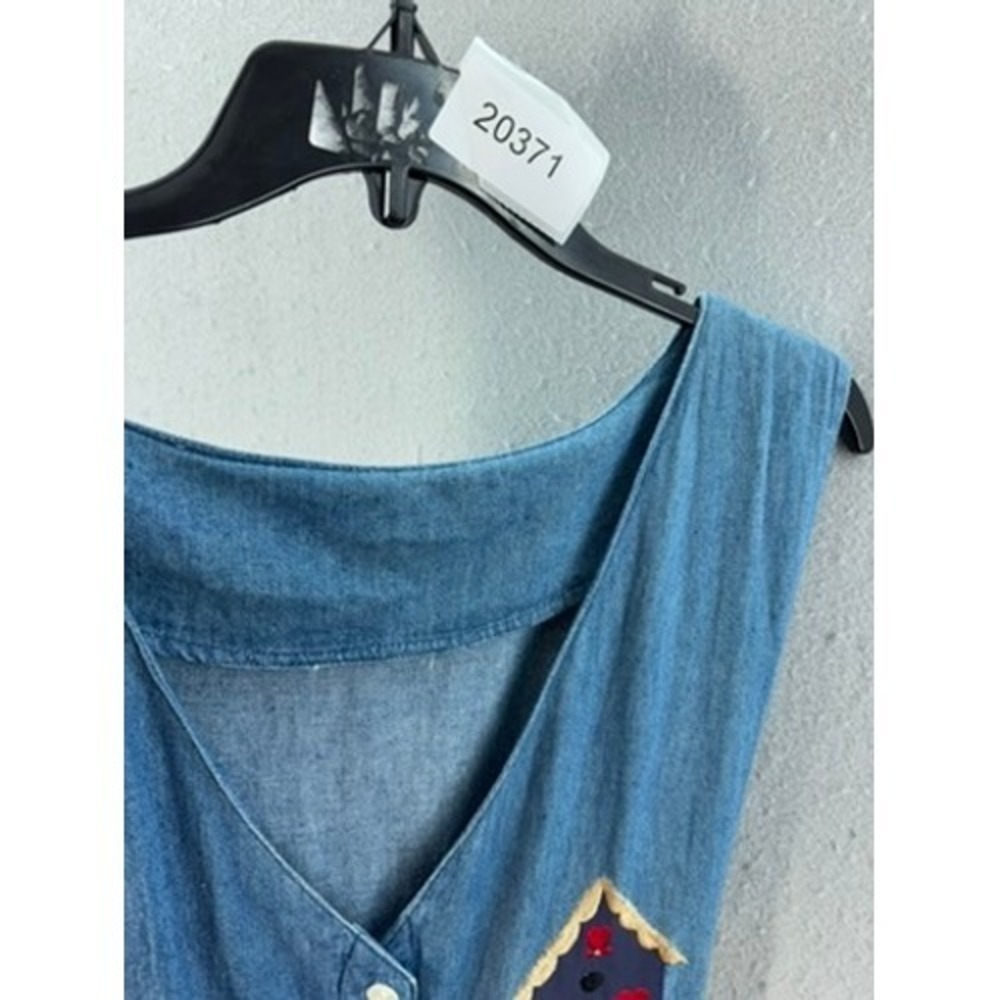 VTG Denim Jumper Dress Blue Embroidered Birdhouse Button Front Mid - Picture 10 of 10